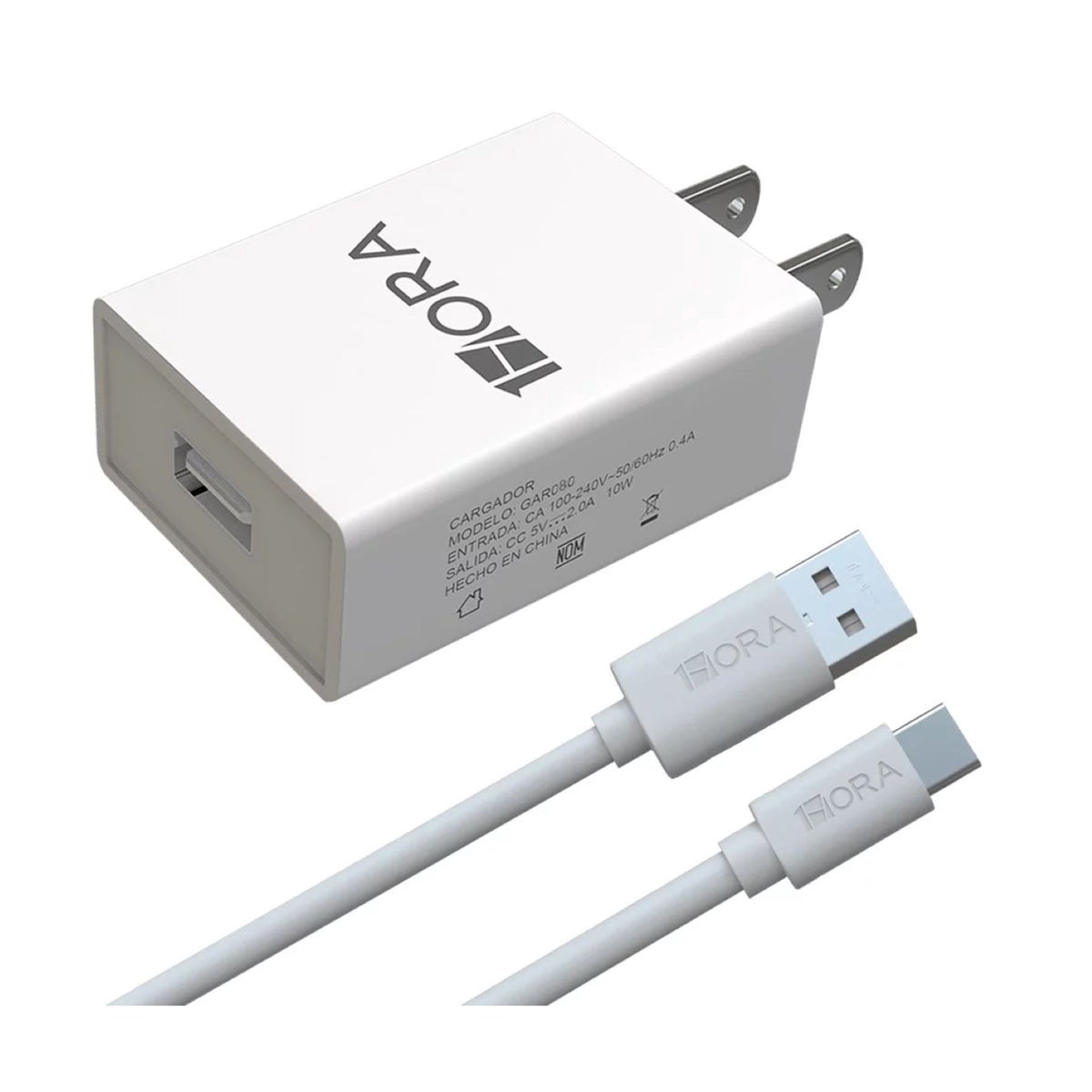 Cargador 1Hora blanco de 2 A con cubo USB-A y cable USB-C