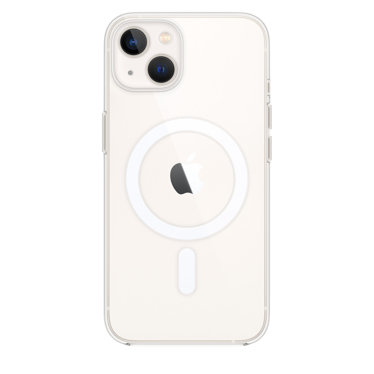 Funda acrigel transparente con aro blanco compatible con MagSafe. Imagen de referencia: cámaras y botones varían según el modelo.